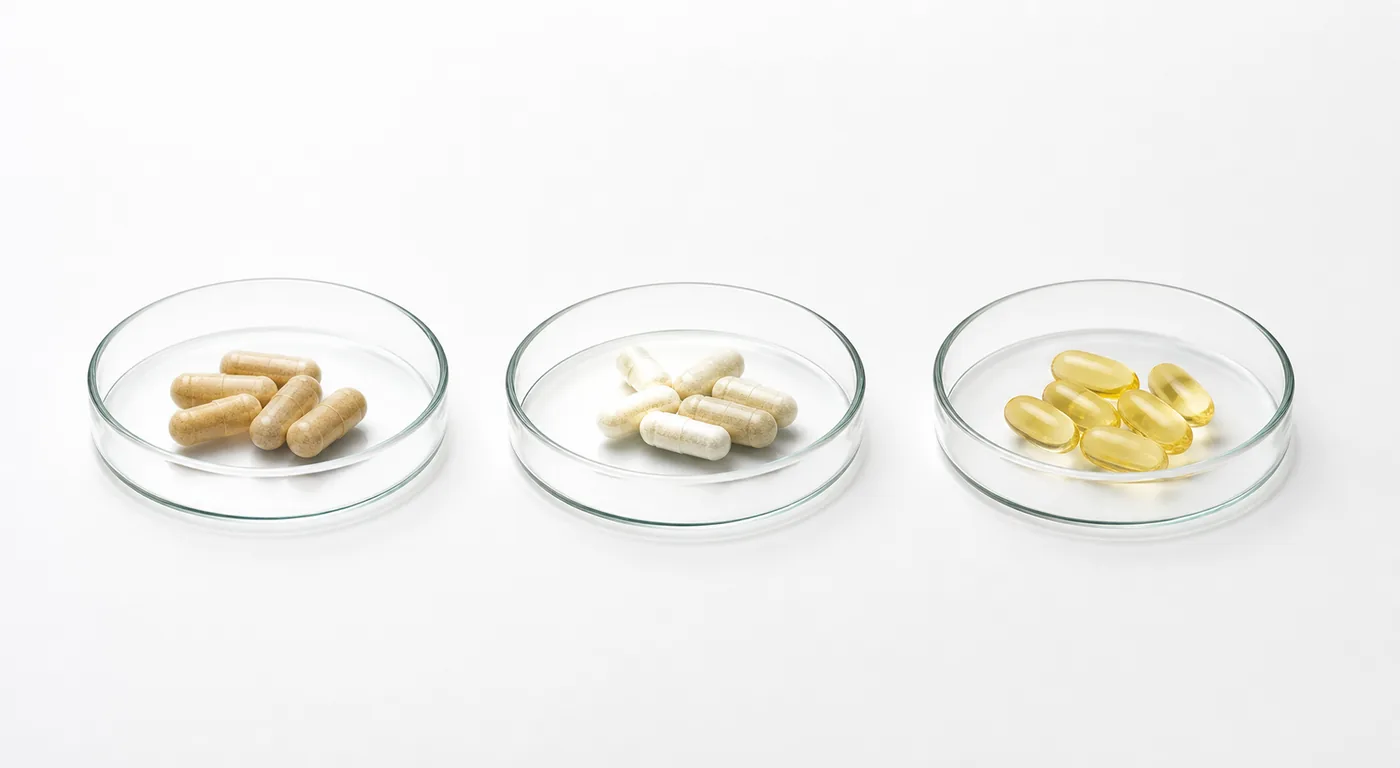Three glass petri dishes each holding a different supplement form.